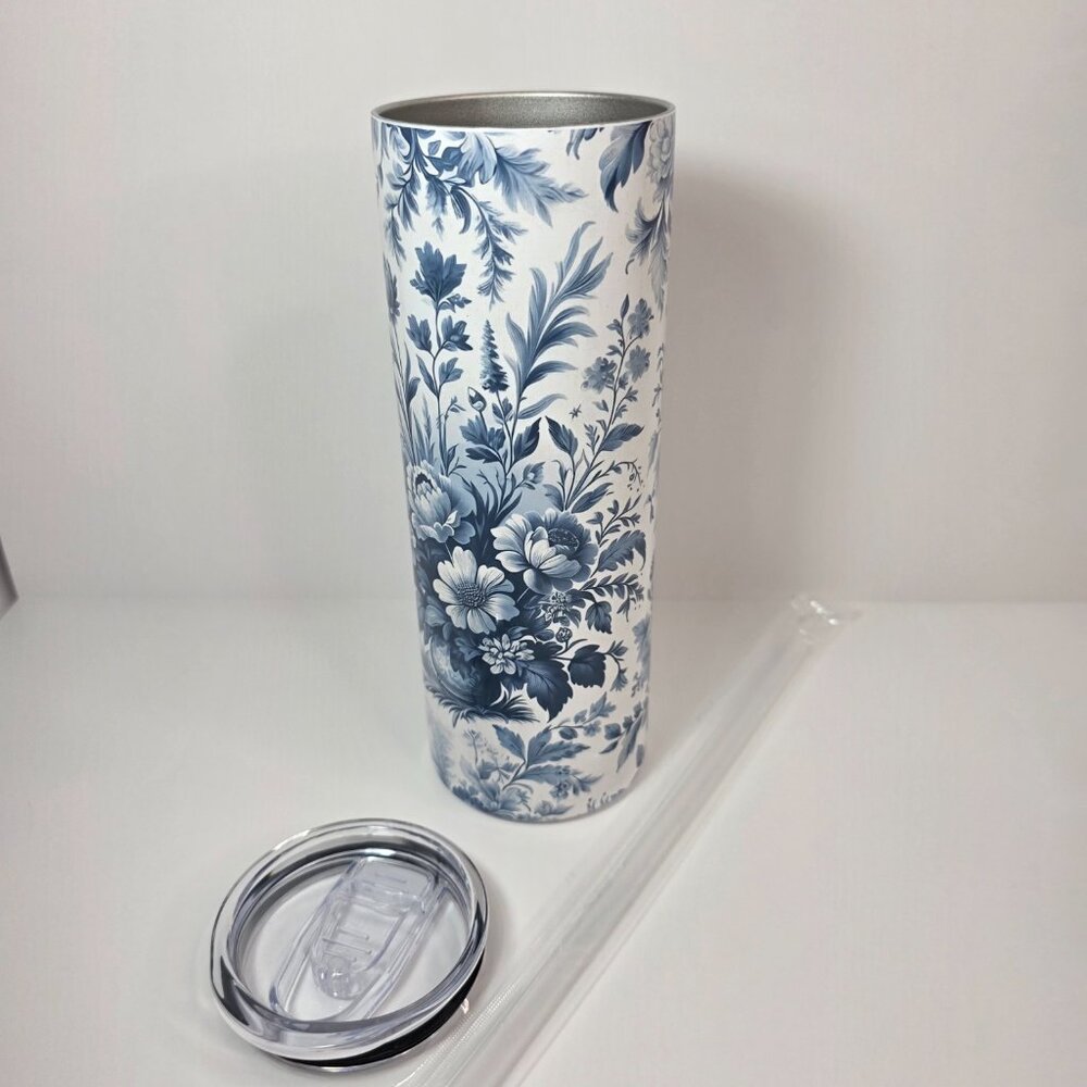 Blue Toile Floral 20 oz Skinny Tumbler | Vintage Botanical Cottagecore Tumbler - Picture 4 of 5